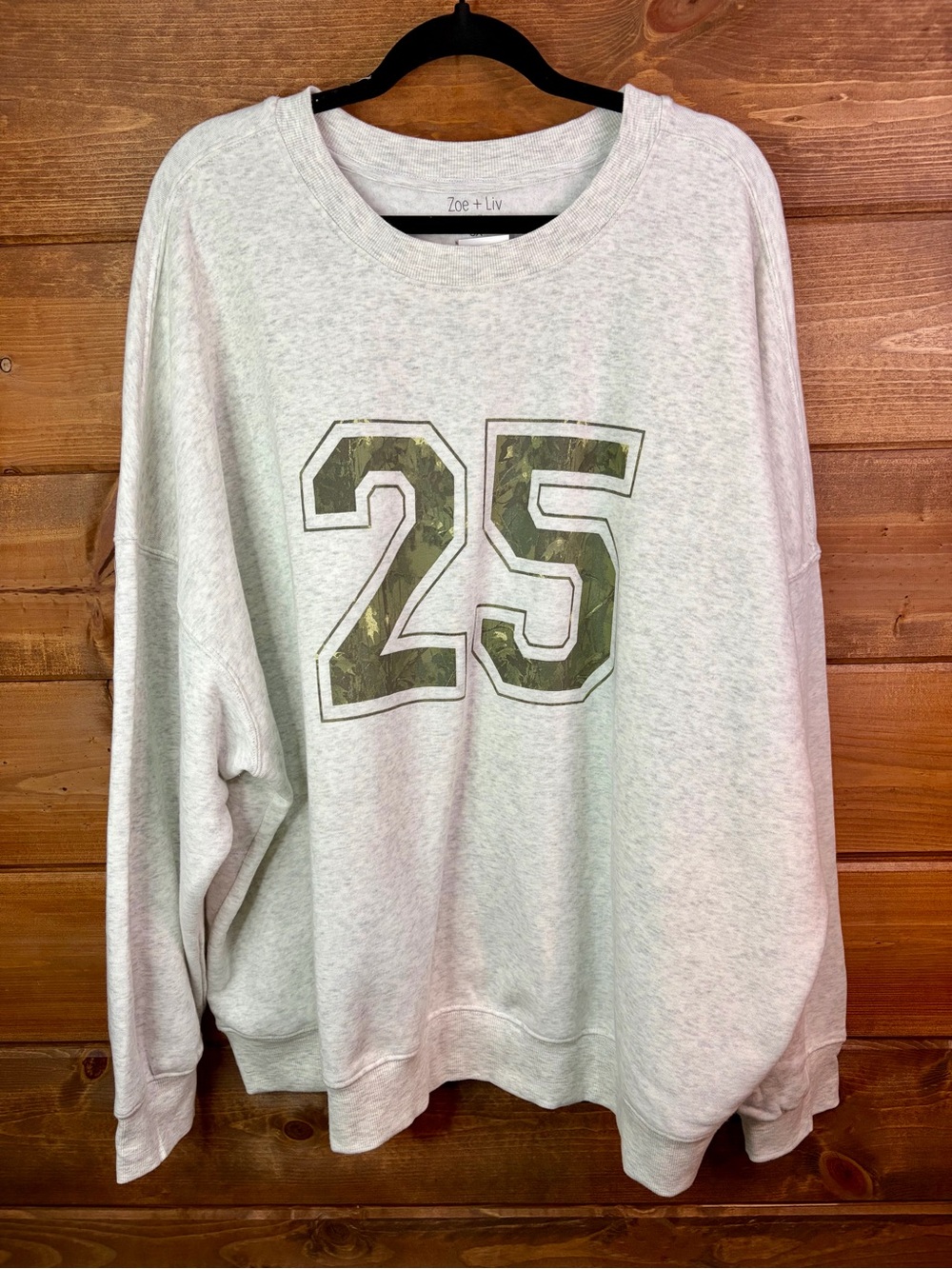 Zoe + Liv Heather Gray Pullover Sweatshirt with '25' Camo Accent Size 3X 💕